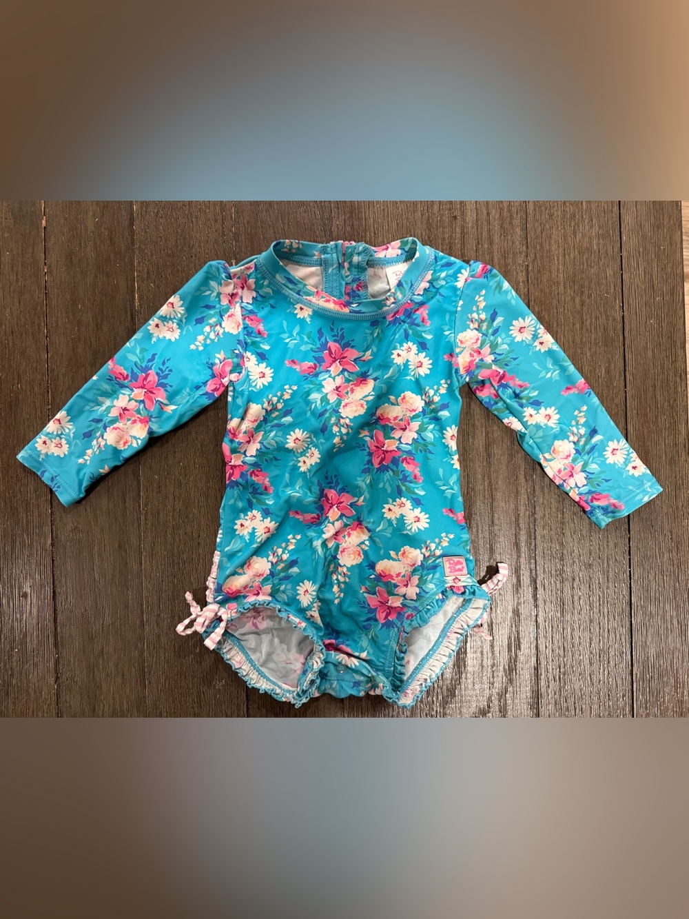 Ruffle Butts Turquoise Floral Long-Sleeve One-Piece Swim